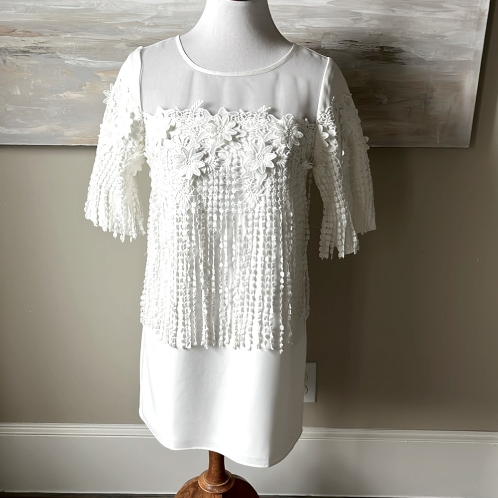 NWT Beulah white dress with sheer yoke, lace flowers, and embroidered fringe
